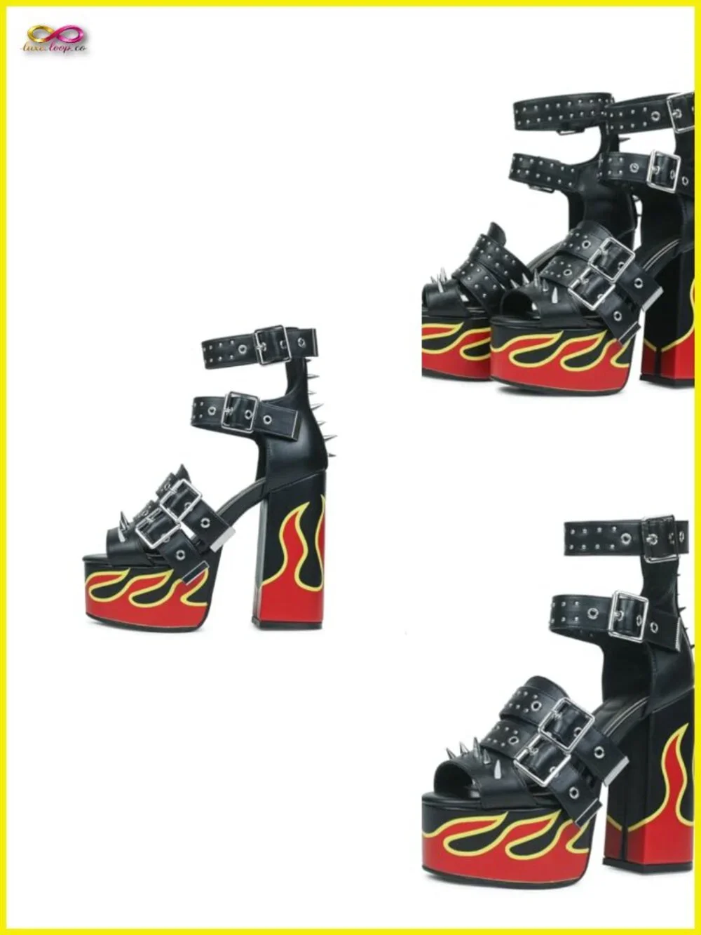 Red Flames Printed Straps Open-toed Rivets Ankle Sandals Platforms